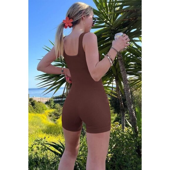 🆕 Women Brown Workout Unitard Bodysuit Seamless Yoga Ribbed Active Romper Sexy - Picture 2 of 7